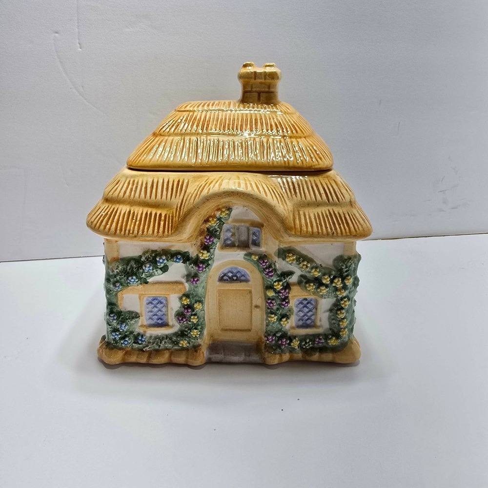 Teleflora Ceramic Thatched Roof Cottage Cookie Jar Canister Hand Painted House